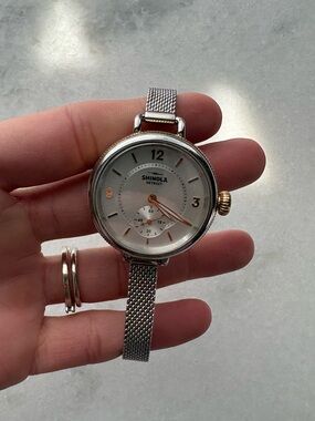 Shinola Silver Mesh Watch with Rose Gold Accents